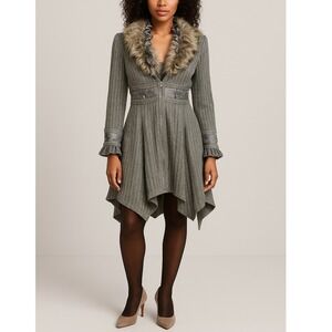 Nicole Sabbattini Boho Metallic Jacket Faux Fur Satin Ruffle Asym Hem Small